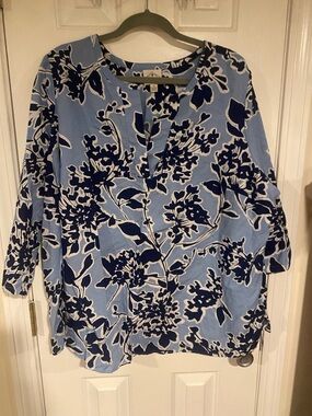 St. John's Bay Light Blue and Navy Floral Linen Tunic